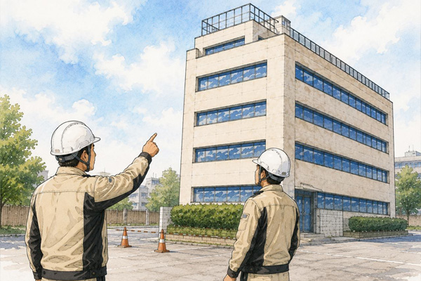 建物を確認しながら赤外線調査の計画を立てる調査員