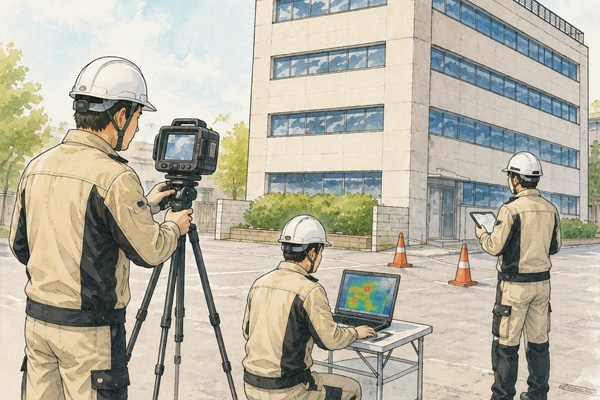 サーモグラフィカメラで建物外壁を撮影する調査チーム