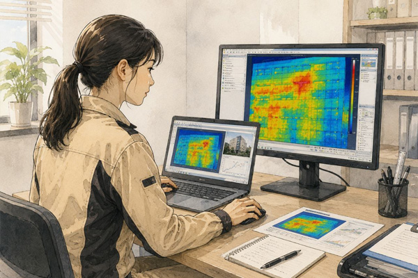 撮影した熱画像をモニターで解析する専門家