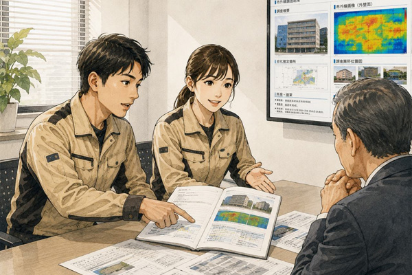 外壁調査の報告書を建物管理者へ説明する担当者